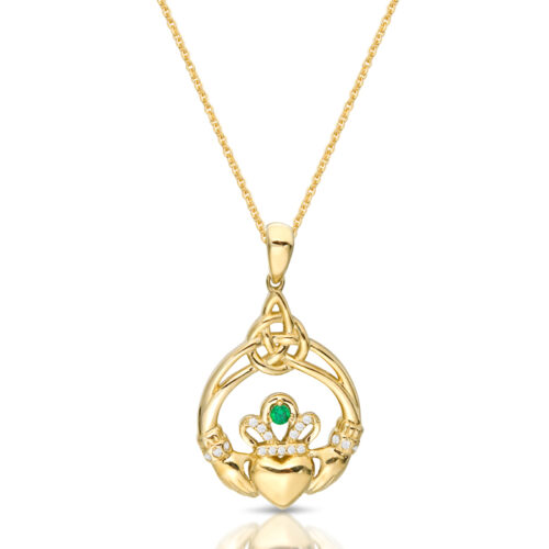 9ct Gold CZ Claddagh Pendant combined with Celtic pattern-P062CL