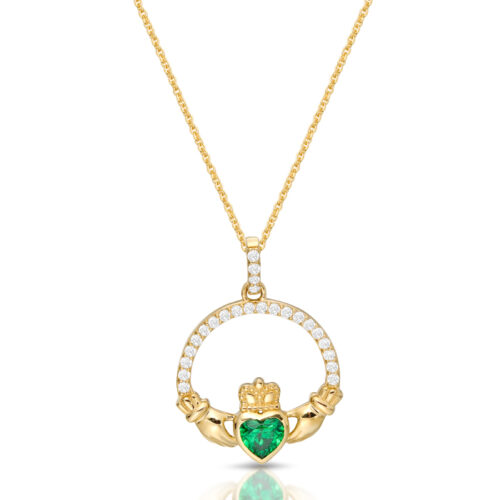 9ct Gold Claddagh Pendant enriched with Emerald and CZ Micro Pavé stone setting-P063CL