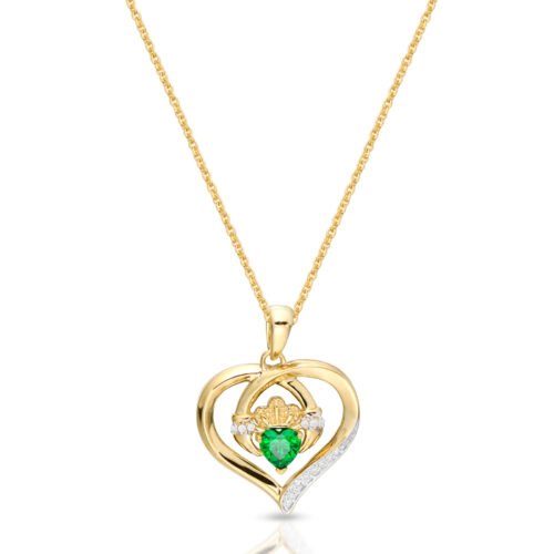 9ct Gold Heart Shape Claddagh Pendant enhanced with glistening Cubic Zirconia Emerald embellished Heart-P064CL