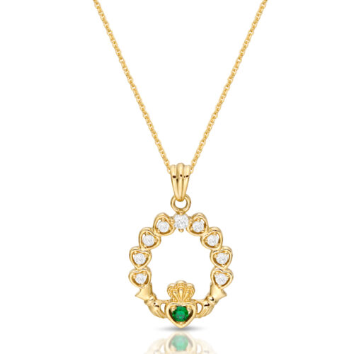 9ct Gold CZ Claddagh Pendant integrated with Hearts-P066CL